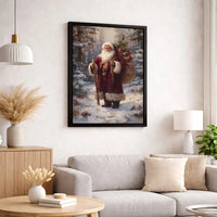 Snowy Forest Canvas Painting, Santa Claus Canvas Art, Christmas Wall Art, Vintage Santa Canvas Print, Winter Holiday Home Decor Present