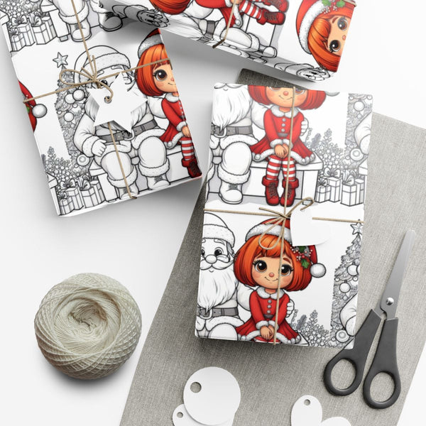 Adorable Christmas Girl Gift Wrap, Color-In Santa Wrapping Paper, Kids Coloring Activity Wrapping Paper, Holiday DIY Paper Ro