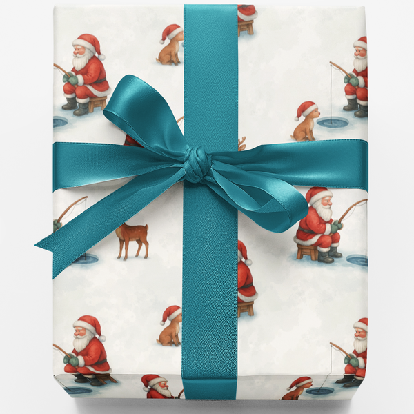 Reindeer Winter Scene Gift Wrap, Santa Ice Fishing Wrapping Paper, Whimsical Christmas Paper Roll, Snowy Holiday Gift Wrappin