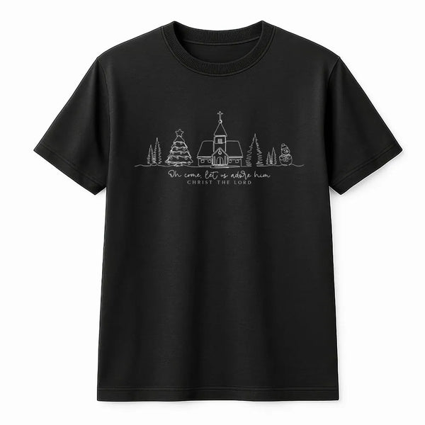 Minimalist Christmas Church T-Shirt, Oh Come Let Us Adore Him T-Shirt, Christian Faith Graphic Tee, Scripture Holiday Shirt, 