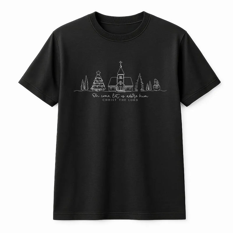 Minimalist Christmas Church T-Shirt, Oh Come Let Us Adore Him T-Shirt, Christian Faith Graphic Tee, Scripture Holiday Shirt, Jesus Present