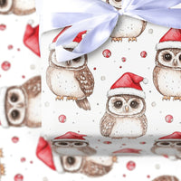Santa Hat Animal Gift Wrap, Christmas Owl Wrapping Paper, Adorable Watercolor Bird Present Paper, Whimsical Holiday Gift Wrapping Paper