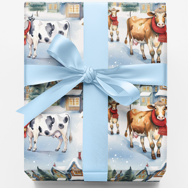 Winter Cityscape Holiday Gift Wrap, Christmas Cow Wrapping Paper, Adorable Farm Animal Present Paper, Festive Christmas Seaso