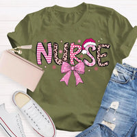Nurse Christmas Shirt, School Nurse Santa Hat Pink Bow Shirt, Festive Holiday Medical Tee, Adorable Coquette Nurse Graphic Shirt