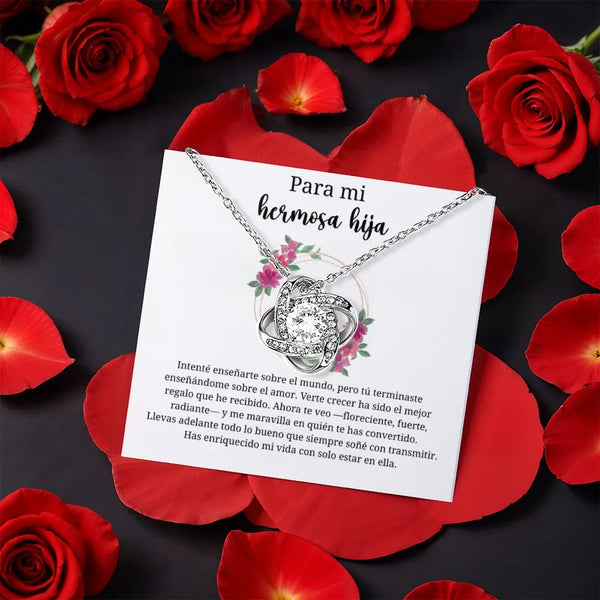CZ Crystal Knot Necklace, Daughter Love Knot Necklace with Rose Box, Daughter Pendant Necklace, Meaningful Birthday Jewelry, 