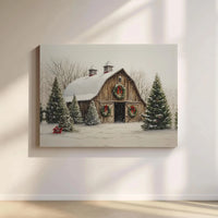 Rustic Winter Farmhouse Canvas Print, Snowy Christmas Barn Canvas Wall Art, Holiday Landscape Canvas Decor, Country Xmas Wall Art Present