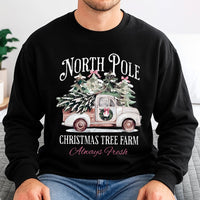 Vintage Red Truck Holiday Crewneck, North Pole Christmas Tree Farm Sweatshirt, Rustic Xmas Tree Shirt, Comfy Winter Pullover