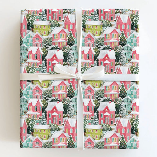 Watercolor Houses Holiday Gift Wrap, Snowy Village Christmas Wrapping Paper, Colorful Winter Town Wrapping Paper, Whimsical S