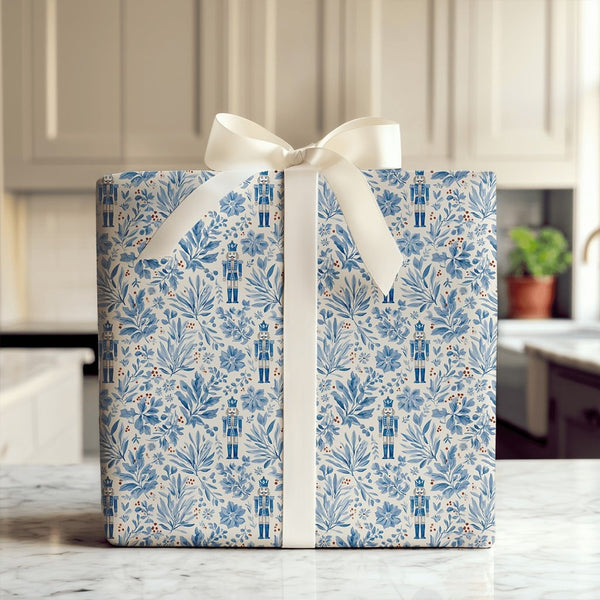 Watercolor Toile Christmas Gift Wrap, Blue Nutcracker Wrapping Paper, Nutcracker Soldier Wrapping Paper, Floral Holiday Gift 