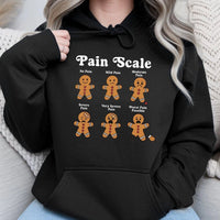 Humorous Nurse Christmas Sweatshirt, Gingerbread Pain Scale Hoodie, Adorable Nursing Humor Hooded Pullover, RN Medical Staff Holiday Nurse Hoodie