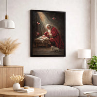 Religious Christmas Nativity Canvas Wall Art, Santa Kneeling at Manger Canvas Print, Holy Night Faith Canvas, Christian Holiday Decor Present