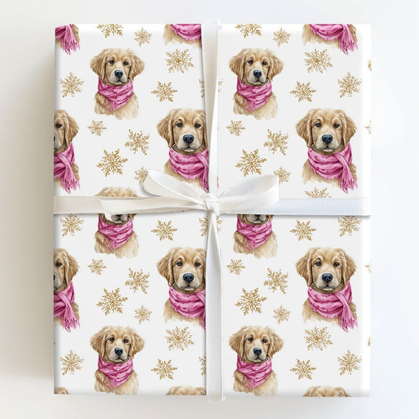 Puppy with Pink Scarf Christmas Gift Wrap, Golden Retriever Wrapping Paper, Watercolor Dog Wrapping Paper, Holiday Pet Gift W