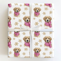 Puppy with Pink Scarf Christmas Gift Wrap, Golden Retriever Wrapping Paper, Watercolor Dog Wrapping Paper, Holiday Pet Gift Wrap Roll