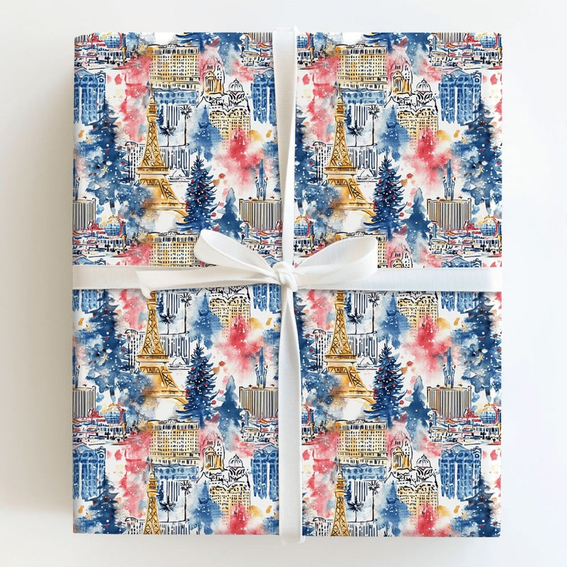 Watercolor Vegas Cityscape Wrapping Paper, Las Vegas Christmas Wrapping Paper, Festive City Skyline Gift Wrap, Nevada Holiday Wrapping Paper