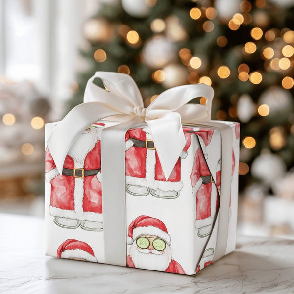 Humorous Cucumber Mask Gift Wrap, Spa Santa Christmas Wrapping Paper, Relaxing Santa Holiday Paper, Self-Care Humor Present W