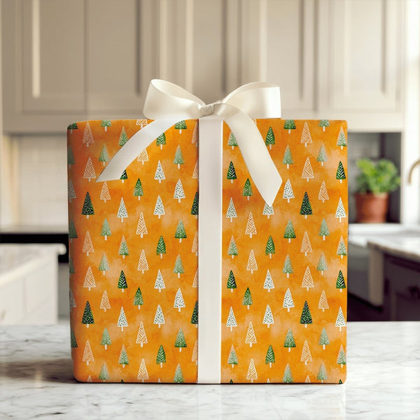 Orange Forest Holiday Wrapping Paper, Watercolor Tree Christmas Wrapping Paper, Modern Tree Wrapping Paper, Seasonal Holiday 
