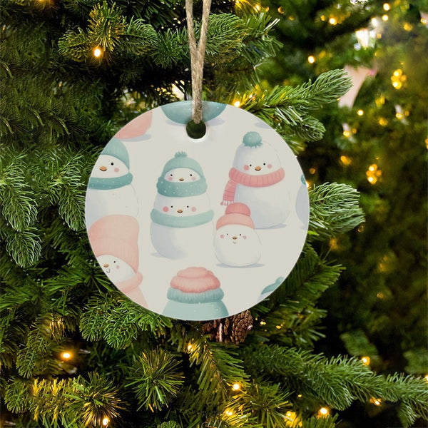 Pastel Winter Holiday Keepsake, Adorable Snowman Christmas Ornament, Glossy Ceramic Tree Ornament, Festive Xmas Decor, Family