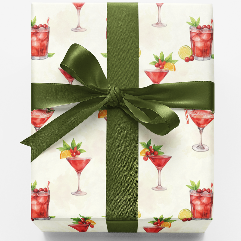 Festive Holiday Drink Gift Wrap Roll, Watercolor Christmas Cocktail Wrapping Paper, Seasonal Party Wrapping Paper, Xmas Gift Wrapping Paper