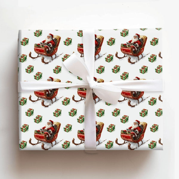 Retro Christmas Gift Wrap, Vintage Santa Sleigh Wrapping Paper, Festive Santa Claus Wrapping Paper, Holiday Gift Wrap Paper R