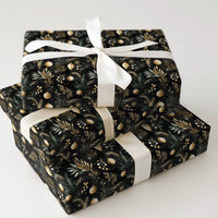 Botanical Black Christmas Gift Wrap, Gold Ornament Wrapping Paper, Elegant Holiday Greenery Wrapping Paper, Xmas Present Wrapping Paper