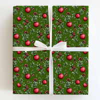 Red Ornaments Gift Wrap, Vintage Christmas Wrapping Paper, Dark Green Holiday Wrapping Paper, Botanical Winter Xmas Gift Wrapping Paper Roll