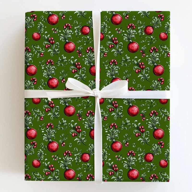 Red Ornaments Gift Wrap, Vintage Christmas Wrapping Paper, Dark Green Holiday Wrapping Paper, Botanical Winter Xmas Gift Wrapping Paper Roll