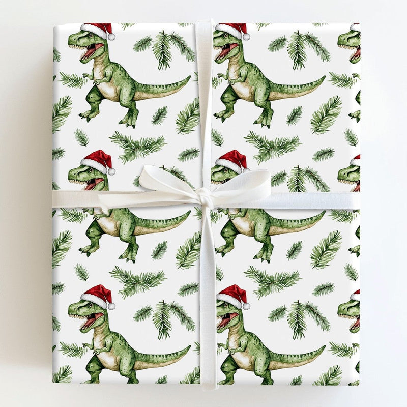 Christmas Dinosaur Wrapping Paper, Santa Hat T-Rex Wrapping Paper, Watercolor Dino Gift Wrap, Adorable Dinosaur Holiday Present Wrapping Paper