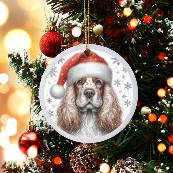 Santa Hat Dog Ceramic Ornament, English Cocker Spaniel Christmas Ornament, Adorable Puppy Holiday Ornament, Pet Lover Tree De