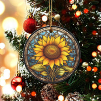 Floral Ceramic Christmas Ornament, Stained Glass Sunflower Ornament, Hanging Botanical Tree Decor, Keepsake Present for Flower Lovers