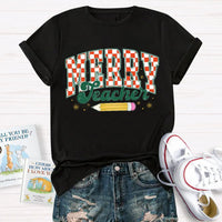 Holiday Educator Graphic Tee, Plaid Pencil Merry Teacher Christmas T-Shirt, Adorable Winter School Teacher Shirt, Christmas Teacher Present