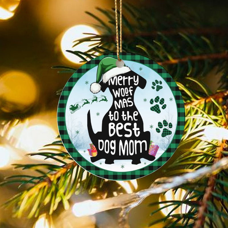 Green Plaid Dog Silhouette Ceramic Ornament, Merry Woof Mas Dog Mom Christmas Ornament, Pet Holiday Tree Ornament, Xmas Dog Lover Present