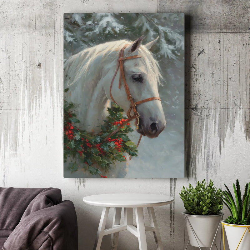 Holly Wreath Winter Scene Canvas Print, Christmas White Horse Canvas Wall Art, Farmhouse Horse Wall Art, Winter Holiday Canvas