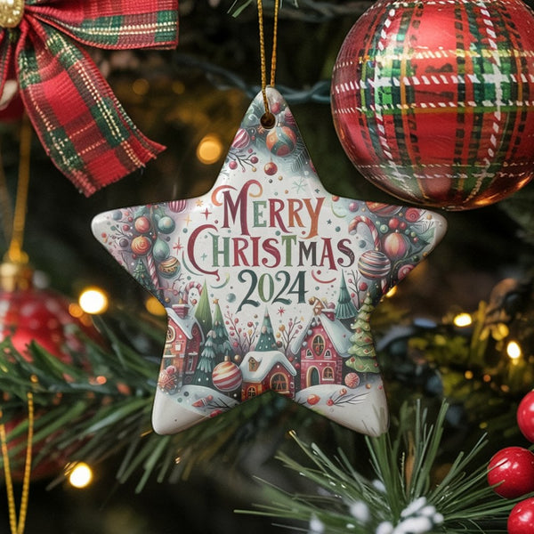 Whimsical Winter Village Star Ornament, Merry Christmas 2024 Star Ornament, Ceramic Holiday Tree Decor, Star Ceramic Ornament