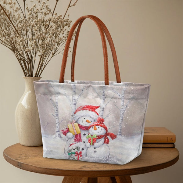 Winter Holiday Season Tote Bag, Watercolor Snowman Christmas Tote Bag, Adorable Xmas Grocery Bag, Festive Travel Shoulder Tot