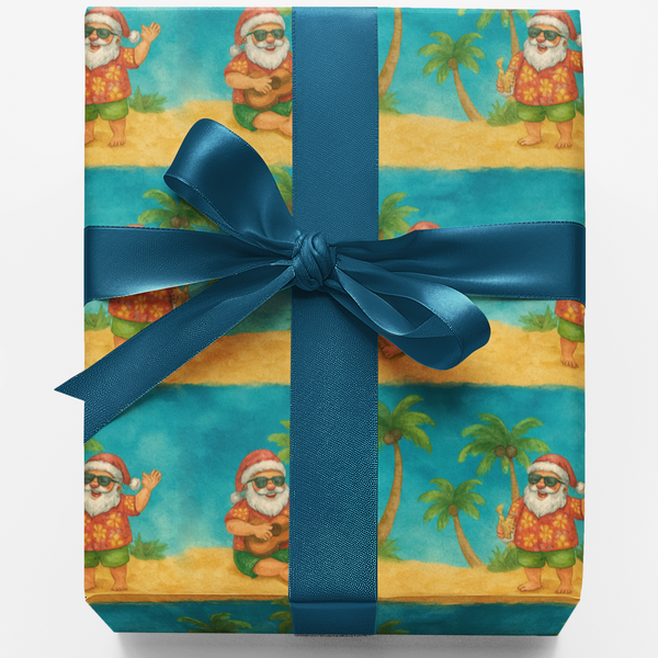 Aloha Beach Christmas Gift Wrap, Tropical Santa Wrapping Paper, Hawaiian Santa Gift Wrap, Coastal Holiday Wrapping Paper, Bea