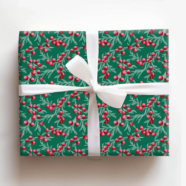 Botanical Winterberry Gift Wrap, Christmas Wrapping Paper, Red Berry Holiday Wrapping Paper, Dark Green Christmas Gift Wrappi