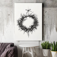 Black and White Botanical Holiday Sketch Print, Christmas Wreath Canvas Wall Art, Farmhouse Xmas Decor, Printable Digital Download Present