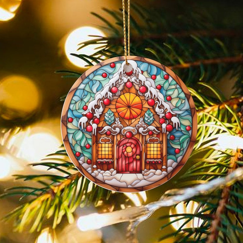 Stained Glass Art Christmas Ornament, Gingerbread House Ceramic Ornament, Festive Holiday Home Decor, Adorable Xmas Keepsake Ornament Present