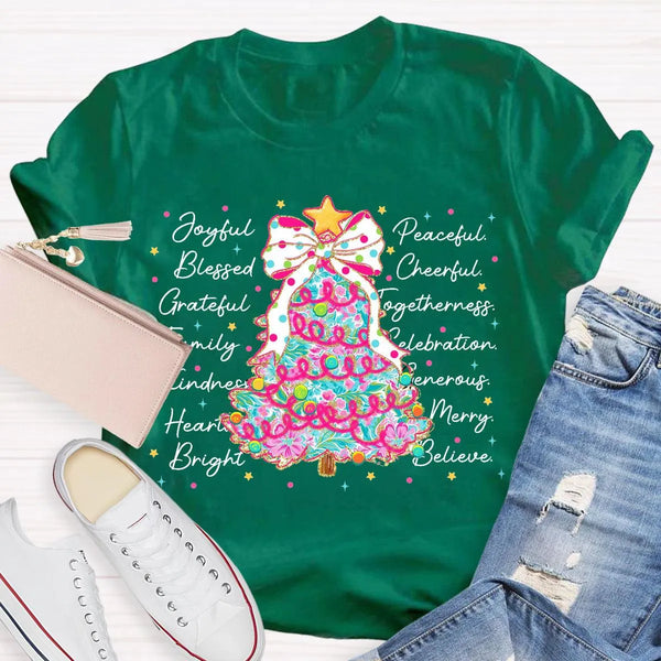 Aesthetic Holiday Graphic Tee, Joyful Peaceful Cheerful Christmas Tree T-Shirt, Retro Xmas Tree Shirt, Festive Winter Holiday