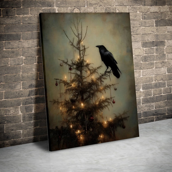 Moody Raven Canvas Print, Gothic Crow Christmas Tree Printable Art, Dark Academia Holiday Wall Art, Crow Digital Download, Mo