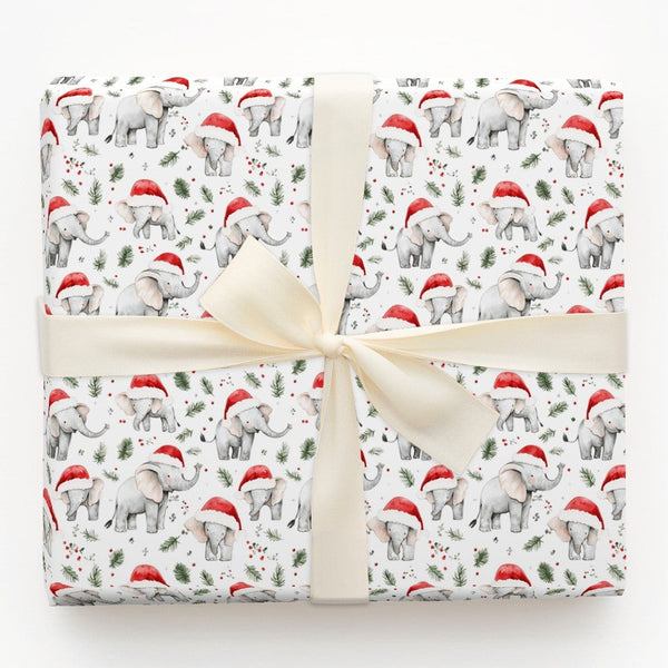 Adorable White Animal Gift Wrap, Santa Hat Elephant Christmas Wrapping Paper, Festive Pine Elephant Wrapping Paper, Holiday G