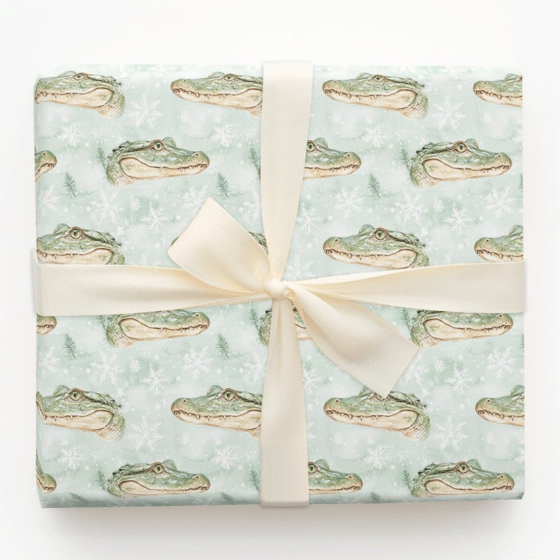 Watercolor Reptile Christmas Gift Wrap, Alligator Holiday Wrapping Paper, Winter Snowflake Present Wrapping Paper, Animal Gift Wrap