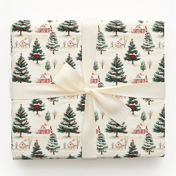 Snowy Cottages Christmas Gift Wrap, Watercolor Winter Village Wrapping Paper, Rustic Holiday Wrapping Paper, Seasonal Gift Wr