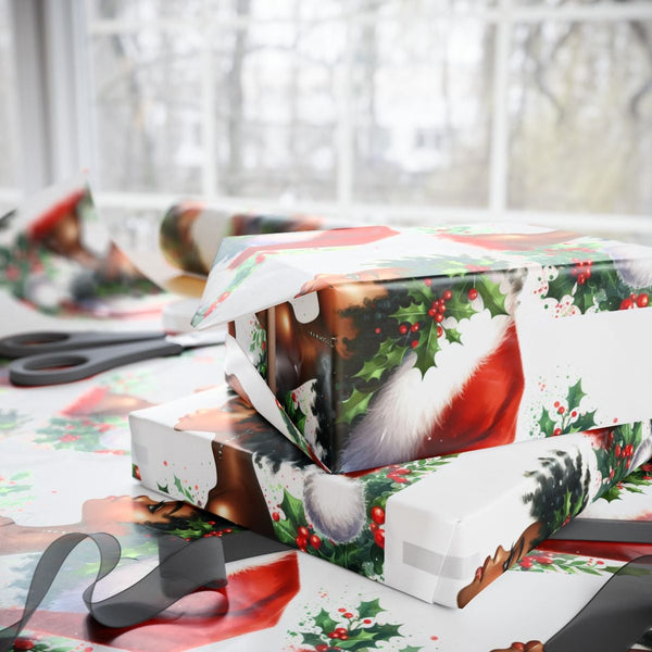 Afro Christmas Gift Wrap, Black Woman Santa Hat Wrapping Paper, Black Santa Holiday Wrapping Paper, African American Present 