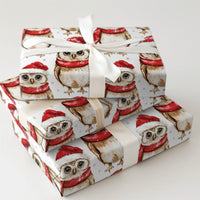 Watercolor Winter Owl Gift Wrap, Christmas Owl Wrapping Paper, Santa Hat Woodland Owl Wrapping Paper, Festive Holiday Bird Gift Wrap Roll