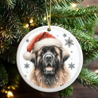 Santa Hat Puppy Holiday Ornament, Leonberger Dog Christmas Ornament, White Ceramic Tree Ornament, Dog Lover Keepsake, Festive Pet Present