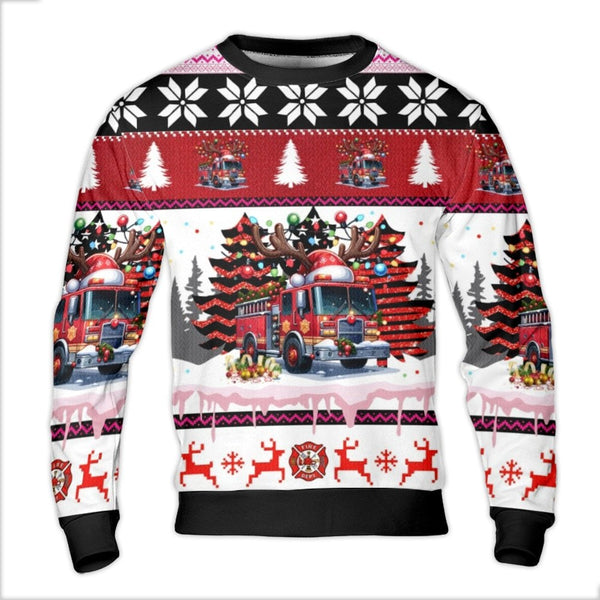 Fire Truck Holiday Sweatshirt, Firefighter Christmas Ugly Sweater, Reindeer Antlers Ugly Sweater, Festive Fireman Ugly Christ