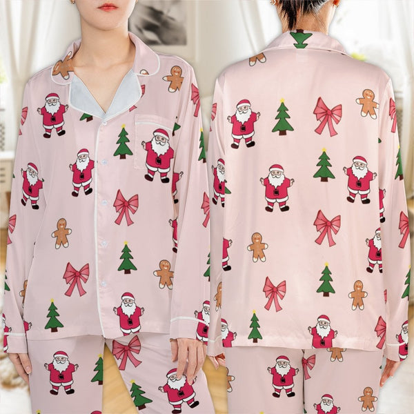 Gingerbread Satin Holiday Pajamas, Christmas Santa Pajama Set, Silky Christmas Sleepwear, Long Sleeve Loungewear Present for 