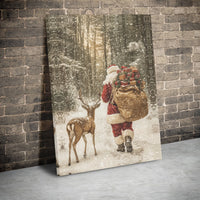 Snowy Forest Christmas Scene Print, Santa and Reindeer Canvas Wall Art, Festive Holiday Farmhouse Decor, Winter Night Santa Canvas Art