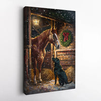Snowy Barn Canvas Print, Horse and Black Labrador Christmas Canvas, Winter Farm Scene Wall Art, Holiday Dog Canvas Decor, Xmas Home Present